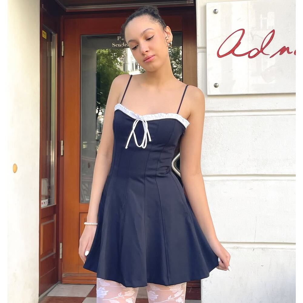 Zara NWT Navy Bow Contrast Trim Mini Dress S XL